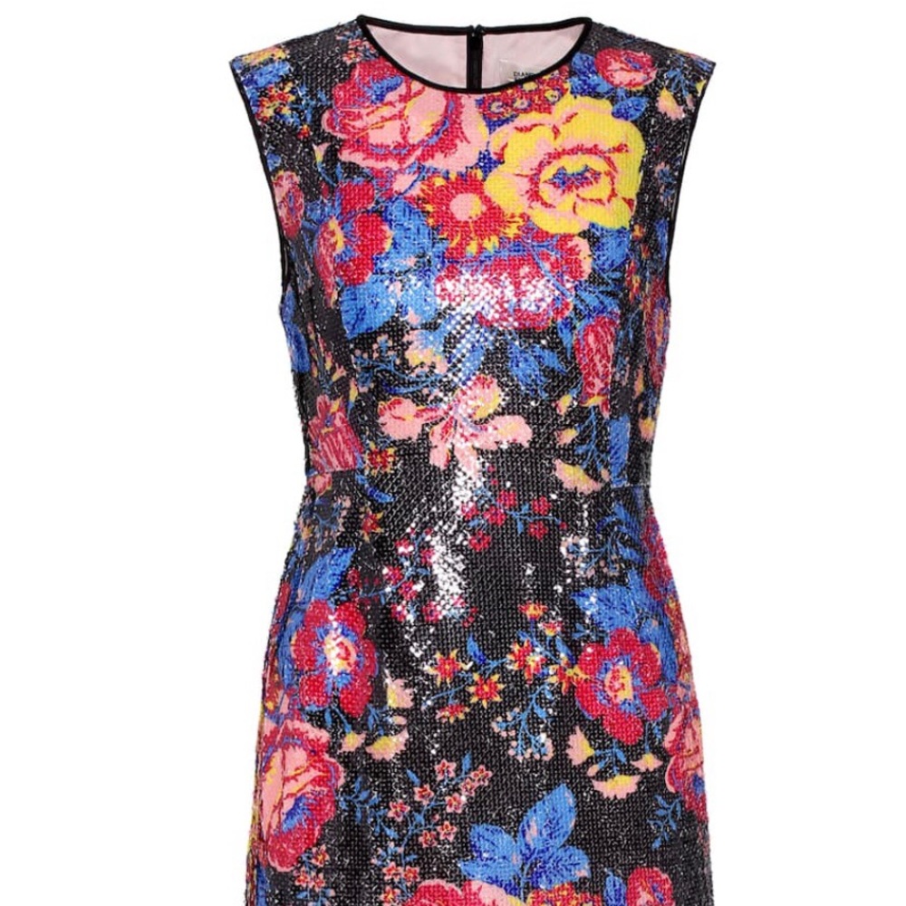 COPY - NWT DVF FLORAL SEQUIN SLEEVELESS MINI DRESS, BLACK IN MULTICOLOURED